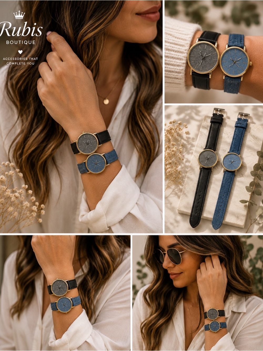 Women's Black and Blue Leather Strap Watches - Set of 2